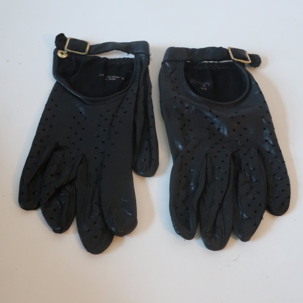 Mens Grandco Black Laser Cut Strap Snap Buckle Leather Gloves 8.5/M *